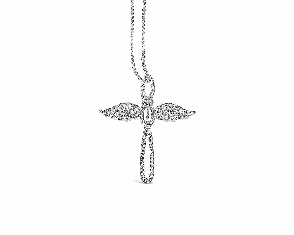 18kt White Gold Cross & Wings Diamond Pendant