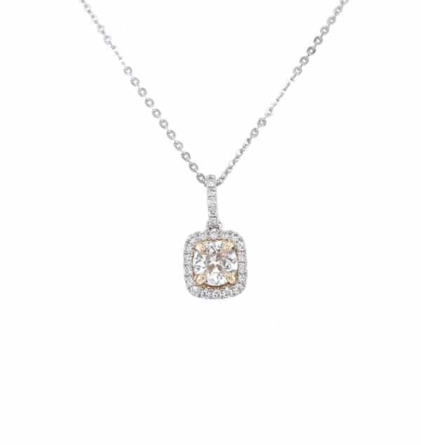 Ladies 14k Two-Tone Gold Cushion Halo Diamond Pendant