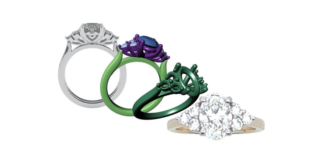 Elegant collection of distinctive jewelry rings featuring diamond engagement, colored gemstones, and unique designs.
