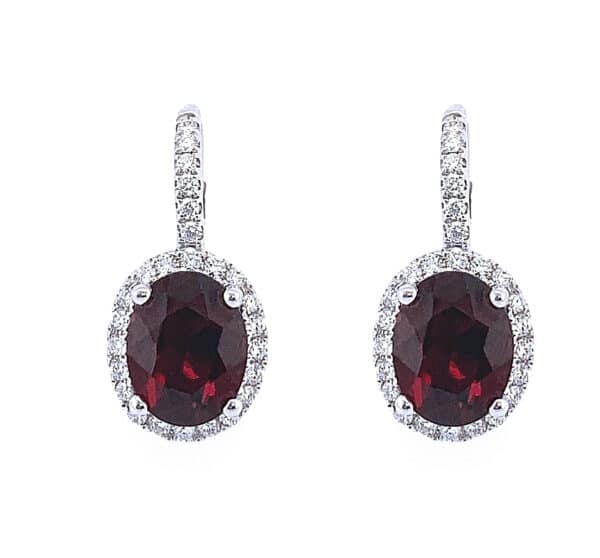 14K White Gold Garnet & Diamond Halo Earrings