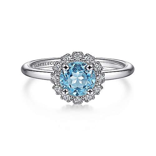 14K White Gold Round Blue Topaz and Diamond Halo Ring