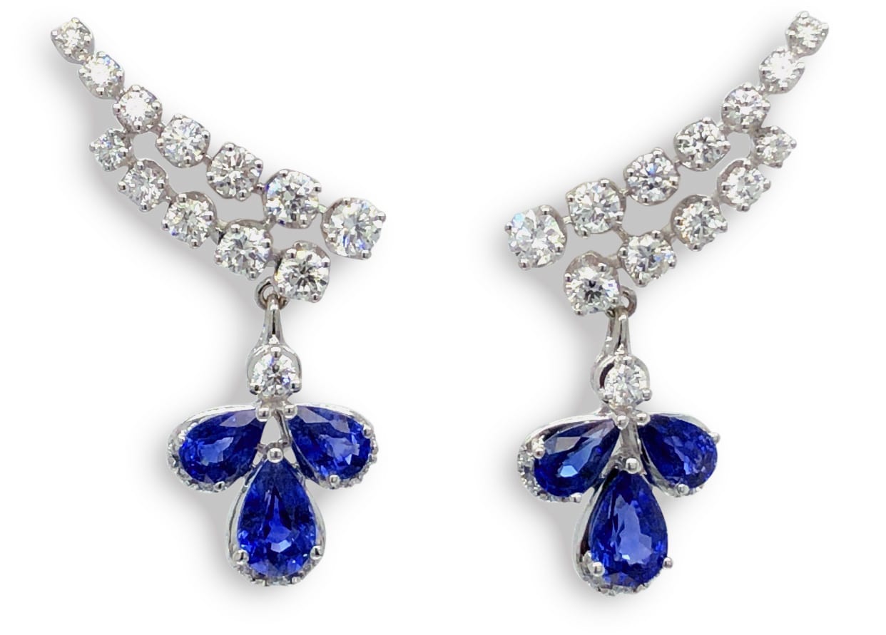 Sapphire and Diamond Climber Style Earrings in 18K White Gold
