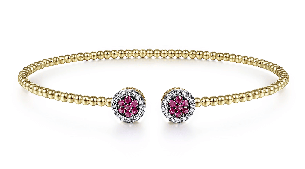 14K Yellow Gold Bujukan Bead Cuff Bracelet with Ruby and Diamond Halo Caps