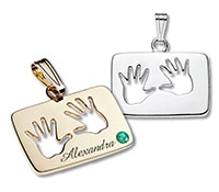 Customizable love print pendants in yellow gold and silver