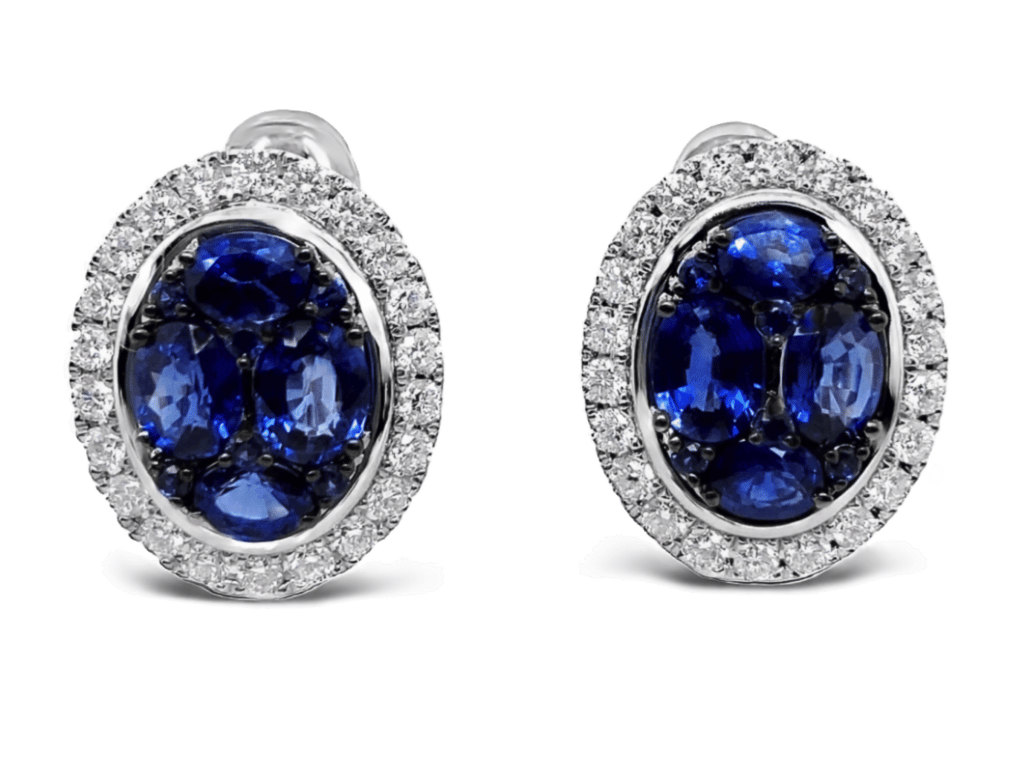 sapphire and diamond oval halo earrings in 14K white gold