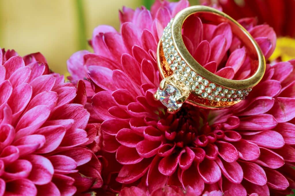 Rings Nestled in pink flowers