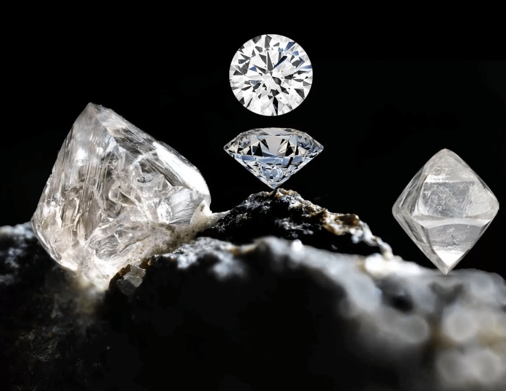 Stunning display of diamonds and raw crystals showcasing natural beauty and brilliance.