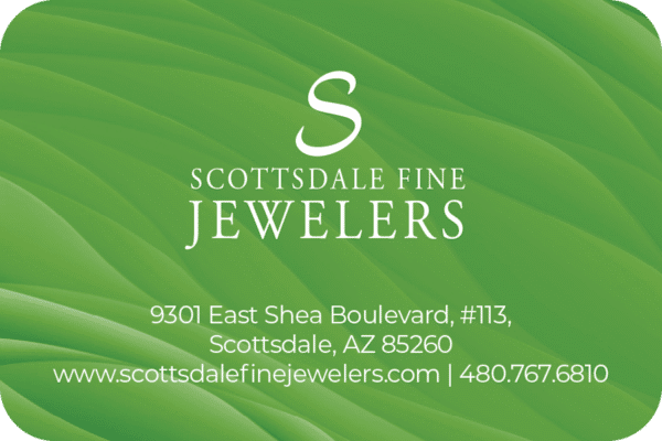 Elegant Scottsdale Fine Jewelers business card featuring luxury design, contact details, and branding logo.