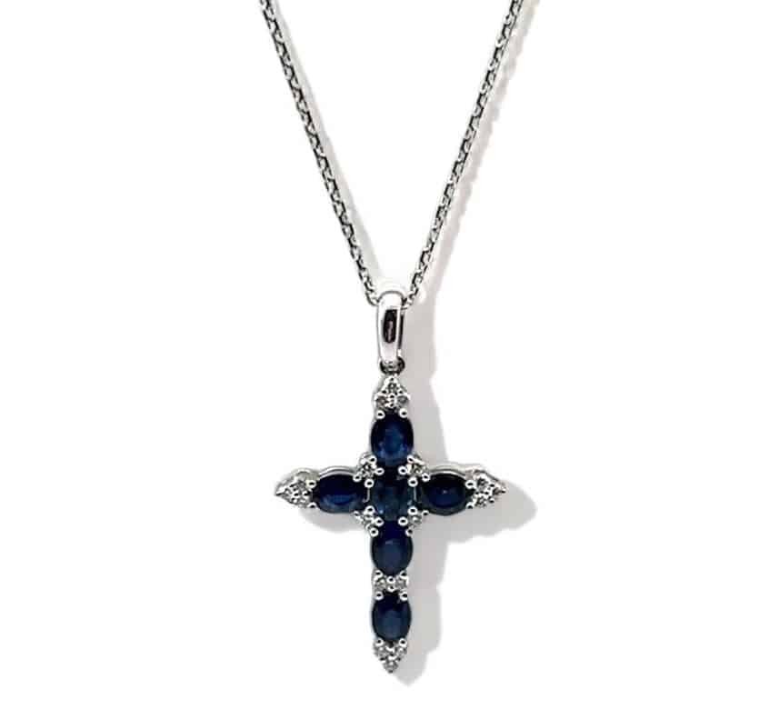 14KT White Gold Sapphire and Diamond Cross Pendant