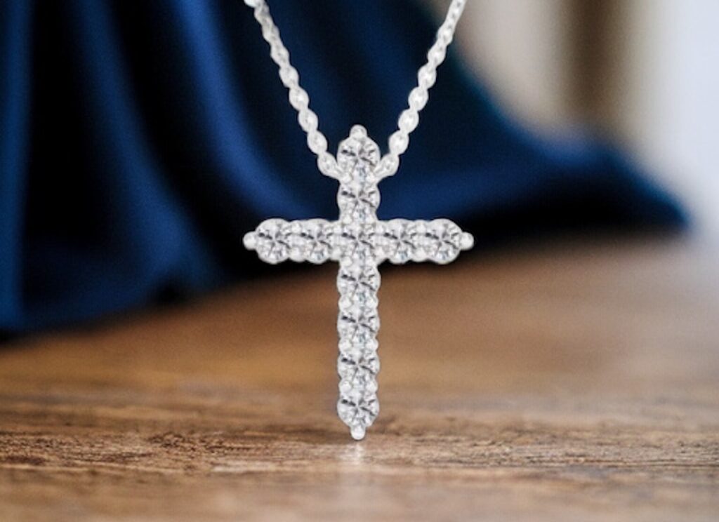 Diamond Cross necklace closeup Cropped