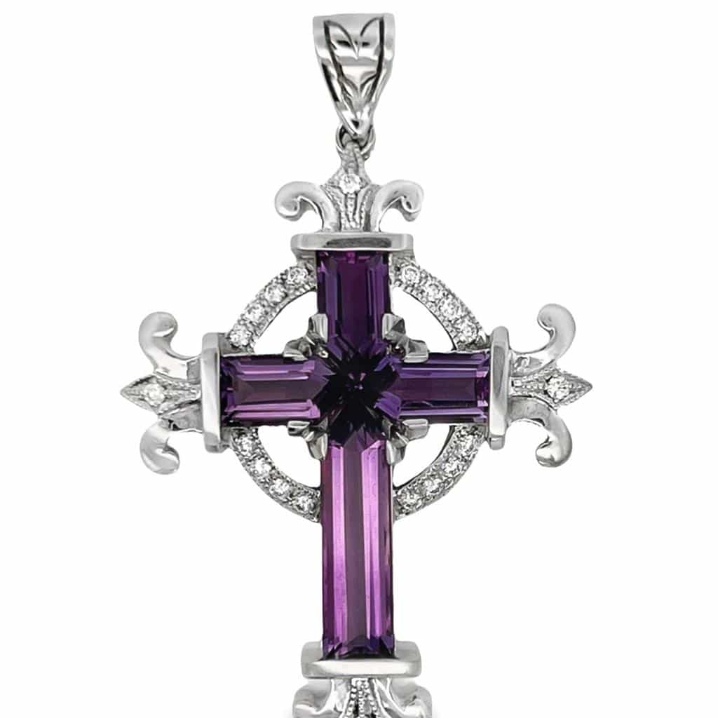 white gold cross necklace with diamonds and amethist