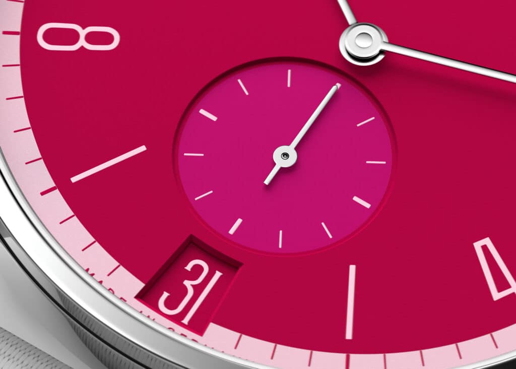 NOMOS Tangente 38 Datum Chili - Limited Edition Collection for 175 Years of Watchmaking - watch face closeup