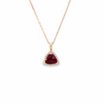 Elegant rose gold necklace featuring a stunning triangular ruby pendant surrounded by sparkling diamonds.