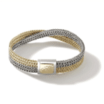 Elegant silver and gold braided bracelet with a textured clasp for modern fashion statements.