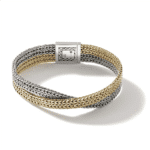 Elegant gold and silver woven bracelet with a modern clasp, perfect for any occasion.