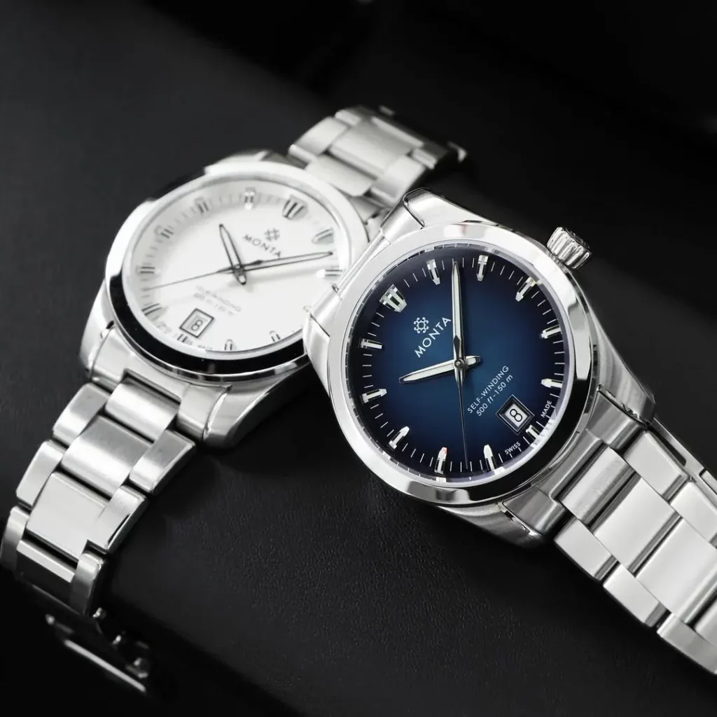 Elegant Monta watches in blue and white, showcasing luxury design and craftsmanship.