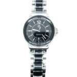 Luxury stainless steel watch with a black face and elegant design features.