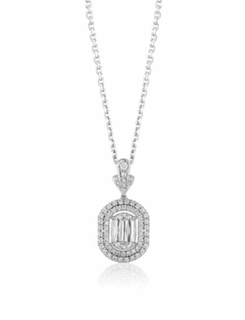 Elegant pendant necklace with emerald-cut diamond and round diamonds, perfect for luxury and sophistication.