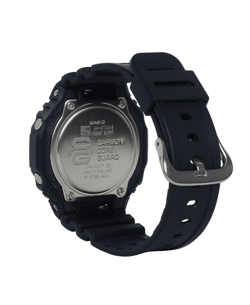 Casio GA-2100VB wristwatch back view showcasing durable design and Carbon Core Guard technology.
