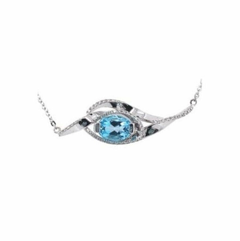 Elegant blue gemstone necklace with intricate silver design, shimmering accents, and stylish black elements.