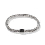Elegant silver woven bracelet with dark stone centerpiece, perfect for everyday wear or special occasions.