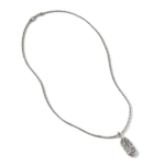 Elegant silver necklace with intricate oval pendant and delicate chain, perfect for any occasion.