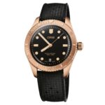 Stylish Oris dive watch in bronze with black dial, rubber strap, and luminous markers.