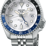 Elegant Seiko automatic watch with stainless steel case, silver dial, and dual-time GMT feature.