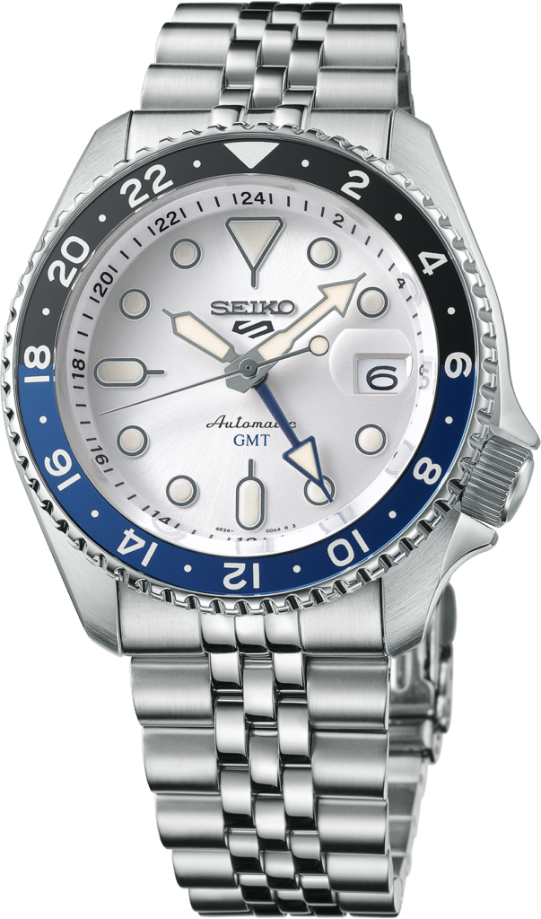 Elegant Seiko automatic watch with stainless steel case, silver dial, and dual-time GMT feature.