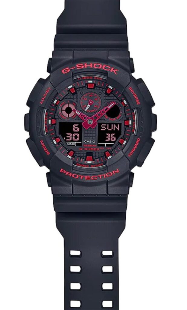 Durable Casio G-Shock watch with black resin, red accents, and analog-digital display.