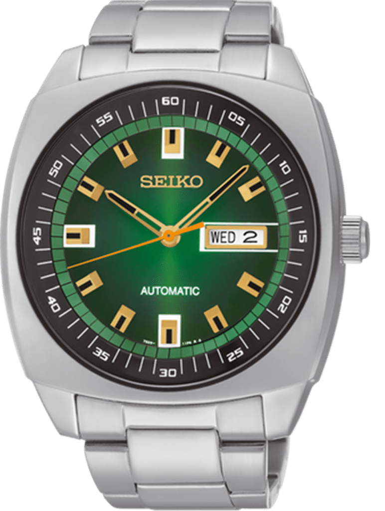 Seiko automatic watch with green dial, stainless steel case, and bold hour markers.