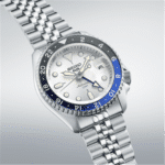 Stylish Seiko watch with stainless steel, blue accents, and GMT functionality for versatile elegance.
