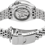 Sleek stainless steel watch with intricate movement and elegant design for any occasion.