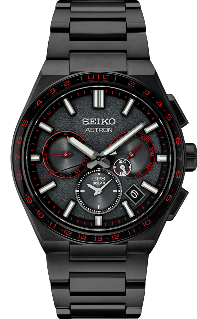 Sleek black Seiko Astron GPS watch with striking red accents and advanced features.