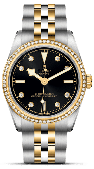 Luxurious Tudor mechanical watch with diamond accents and a stylish black dial in elegant design.