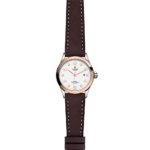 Elegant Tudor watch with stainless steel case and rose gold bezel on brown leather strap.