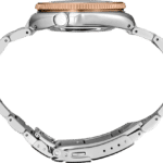 Elegant stainless steel wristwatch with rose gold accents, featuring a durable design and comfortable bracelet.