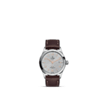 Elegant Tudor watch with stainless steel case, textured silver dial, and brown leather strap.