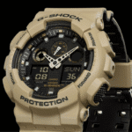 Durable G-Shock wristwatch in sandy beige with analog-digital display, perfect for outdoor adventures.