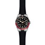 Stylish Tudor watch with stainless steel case, red-black bezel, and black rubber strap.