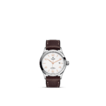 Tudor stainless steel watch with white dial, rose gold accents, and brown leather strap.