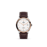 Tudor luxury wristwatch with stainless steel case and rose gold bezel, featuring a classic leather strap.