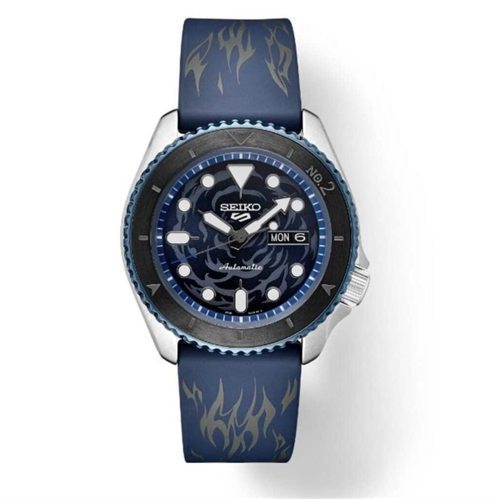 Bold Seiko watch with blue flame dial, stainless steel case, and durable rubber strap.