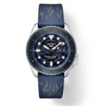 Bold Seiko watch with blue flame dial, stainless steel case, and durable rubber strap.