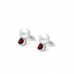Elegant pearl and red gemstone earrings in polished silver for timeless style and sophistication.