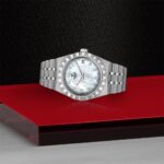 Luxurious Tudor watch on red surface, showcasing elegant design and fine craftsmanship.