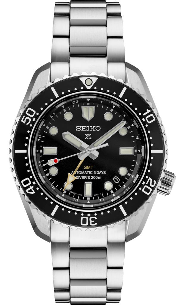 Seiko divers watch with GMT function, stainless steel case, and luminescent features for underwater visibility.