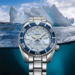 Seiko diving watch showcases elegance against a stunning icy landscape, perfect for underwater adventures.