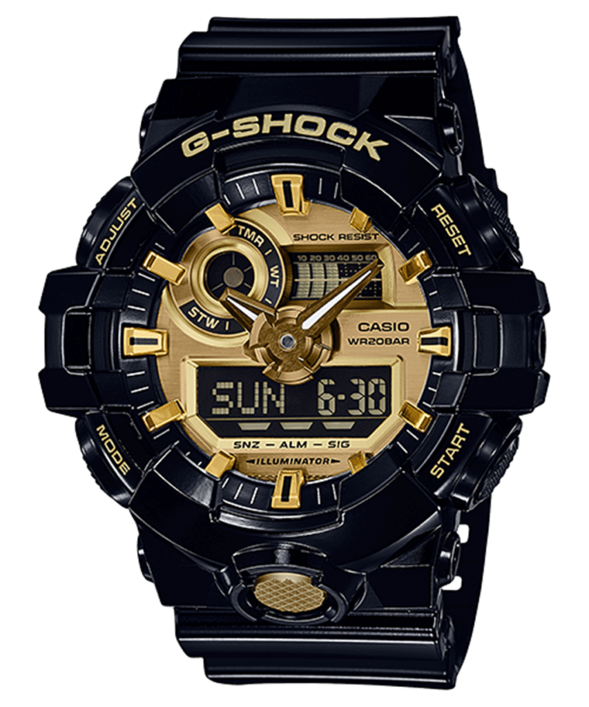 Stunning Casio G-Shock watch with black and gold design, analog-digital display, and rugged durability.