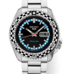 Stylish Seiko stainless steel watch with black dial, luminous markers, and unique checkerboard bezel.